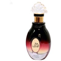 Elegant black and pink gradient perfume bottle with gold accents and ornate crystal-like cap, 100ml for women.