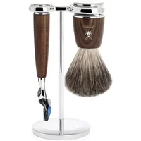 Ash Safety Razor Kit with wooden handle, silver stand, and soft bristle brush by Mühle.