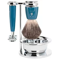 Mühle Rytmo Fusion Pur kit with blue-handled safety razor, shaving brush, and chrome stand.
