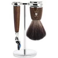 Ash wood Mühle Rytmo Fusion razor kit with chrome stand and synthetic brush.