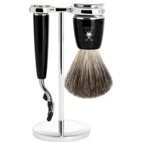 Black and chrome Mühle Rytmo Mach3 razor kit with brush and stand, featuring sleek handles and soft bristles.