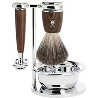 Mühle Rytmo Mach3 razor kit with wooden handle, chrome stand, shaving brush, and bowl.