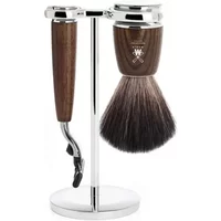 Ash wood safety razor and brush set with chrome stand, featuring Mühle Rytmo Mach3 razor and synthetic brush.