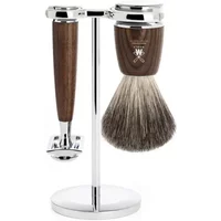 Ash wood safety razor kit with chrome stand, includes a shaving brush with natural bristles and a matching razor handle.