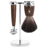 Mühle Rytmo ash wood safety razor kit with chrome stand, includes a brown-handled razor and matching brush.