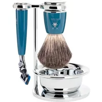 Blue Mühle Rytmo shaving kit with brush, razor, and chrome stand, featuring a sleek modern design.