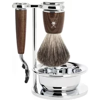 Mühle Rytmo Mach3 shaving kit with ash wood handle, silver stand, brush, razor, and chrome shaving bowl.