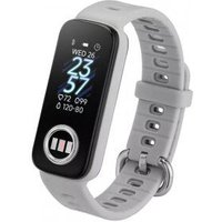 Grey ASUS VivoWatch 5 AERO wristband tracker with PMOLED display, black screen, silver buckle, and health metrics display.