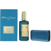 Blue Atelier Cologne Gold Leather Parfum 30ml bottle with gold label, matching blue box, and leather case.