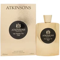 Gold Atkinsons Her Majesty The Oud Eau De Parfum 100ml bottle with black label, matching gold box.