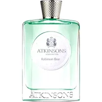 Clear glass bottle of Atkinsons Robinson Bear Eau De Parfum, 100ml, with silver textured cap and embossed logo.