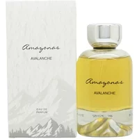 "Atralia Amazonas Avalanche Eau De Parfum 100ml, clear glass bottle with silver cap, white box with mountain design"