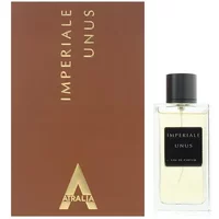 Brown box with gold text "Imperiale Unus," next to clear glass bottle with black cap and label.