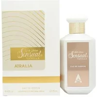 White Atralia Sensual Vanilla Eau De Parfum 100ml bottle with gold label and matching box featuring gold accents.