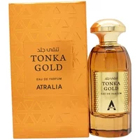 Amber Atralia Tonka Gold Eau De Parfum 100ml bottle with gold cap and matching orange box with geometric pattern.
