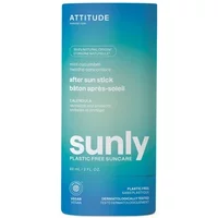 Attitude Sunly Aftersun Stick 60ml, blue-green cylindrical packaging with white text and vegan logo.
