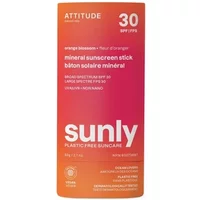 Orange and pink Attitude Sunly Mineral Sunscreen Stick SPF 30, 60g, with orange blossom scent.