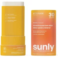 Attitude Sunly Mineral Sunscreen Stick SPF 30, yellow container, tropical design, 60g, plastic-free packaging.