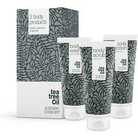Australian Bodycare Body Care Kit with three 200ml tubes; tea tree oil design on gray packaging.