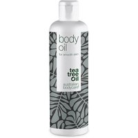 White bottle of Australian Bodycare Body Oil 150ml with gray leaf pattern and tea tree oil label.