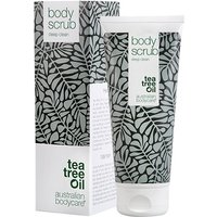 Australian Bodycare Body Scrub 200ml tube with leaf pattern, tea tree oil label, and matching box.