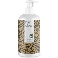 White pump bottle of Australian Bodycare Hair Clean Shampoo with leaf pattern and tea tree oil label.