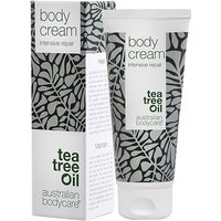 White tube of Australian Bodycare Intensive Repair Body Cream with leaf pattern and tea tree oil label, 100ml.