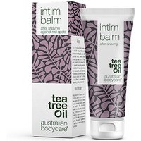 Purple tube of Australian Bodycare Intim Balm 100ml with leaf pattern and matching box, labeled tea tree oil.