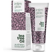 Australian Bodycare Intim Glide 100ml tube with purple leaf pattern and tea tree oil label.