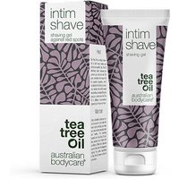 Australian Bodycare Intim Shave 100ml tube with purple leaf design and tea tree oil branding, next to matching box.