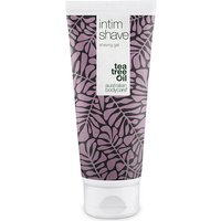 Purple tube of Australian Bodycare Intim Shave 200ml with leaf pattern and tea tree oil label.