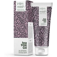 Intim Wash 200ml tube with purple leaf design, tea tree oil branding, and matching box by Australian Bodycare.