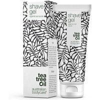 White tube of Australian Bodycare Men Shave Gel 200ml with black leaf pattern and green text.
