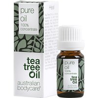Brown bottle with white cap labeled "pure tea tree oil" next to a matching box with green leaf design.
