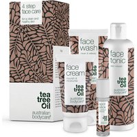 Tea Tree 4-Step Face Care Kit with patterned packaging, includes face wash, cream, tonic, and spot stick.