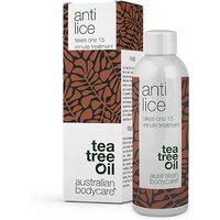 White bottle of Australian Bodycare Tea Tree Anti Lice with brown leaf pattern and matching box.
