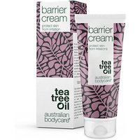 Tea Tree Barrier Cream 100ml tube with purple leaf pattern, white cap, and matching box by Australian Bodycare.