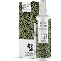 White bottle of Australian Bodycare Tea Tree Hair Loss Serum with green leaf pattern and spray nozzle, 250ml.