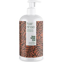 White pump bottle with brown leaf pattern, labeled "hair rinse" and "tea tree oil" by Australian Bodycare, 500ml.