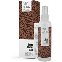 White spray bottle with brown leaf pattern, labeled "Tea Tree Hair Spray" by Australian Bodycare, 150ml.