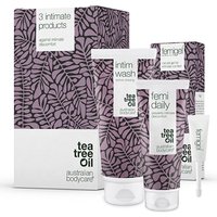 Australian Bodycare Tea Tree Intimate Care Kit with purple leaf-patterned packaging, includes wash, daily cream, and gel.