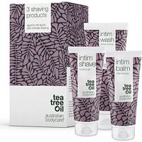 Australian Bodycare Tea Tree Intimate Shaving Kit with purple leaf-patterned tubes and matching box.