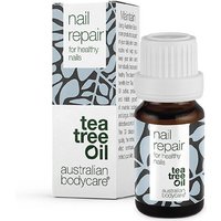 Brown bottle of Australian Bodycare Tea Tree Nail Repair with white cap, next to patterned box.