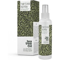 White bottle with green leaf pattern, labeled "hair loss spray" and "tea tree oil," next to matching box.