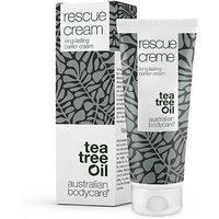 Australian Bodycare Tea Tree Rescue Cream 100ml tube with leaf pattern, next to matching box.