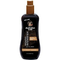 Black Australian Gold tanning spray gel with bronzer, brown cap, and palm leaf design on label.