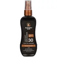 Australian Gold Instant Bronzer Spray Gel Sunscreen SPF 30, black bottle with brown cap and logo.