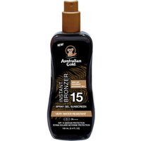 Australian Gold SPF 15 spray gel sunscreen with bronzer in dark bottle, brown cap, and gold accents.