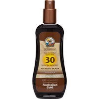 Brown Australian Gold SPF 30 spray gel bottle with bronzer, featuring a dark cap and logo on the label.