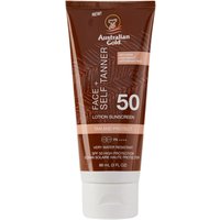Brown tube of Australian Gold SPF 50 face and self-tanner lotion with palm leaf design and white text.